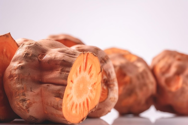 Foto primo piano di patate dolci su sfondo bianco con spazio per la copia concetto sano di cibo vegetariano vegano