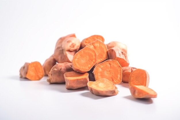 Close up of sweet potatoes on white background with copy space Healthy vegan vegetarian food concept