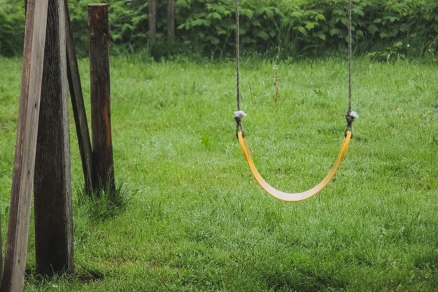 Close-up of swing hanging on tree trunk in field