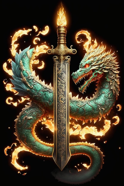 Close up of a sword with a dragon on it generative ai