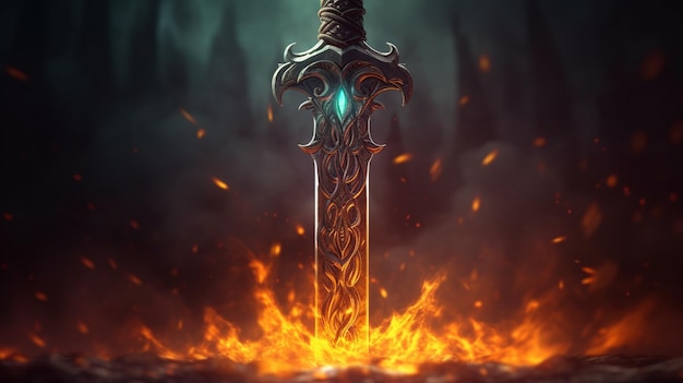 a close up of a sword with flames in the background generative ai