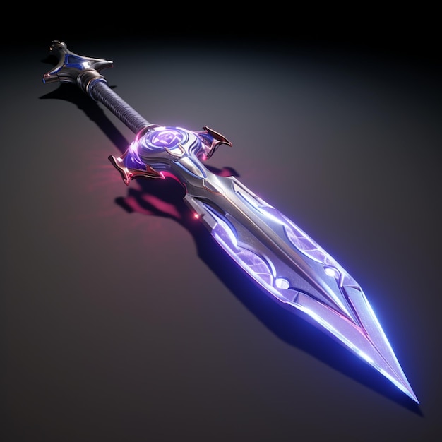 A close up of a sword with a glowing blade on a black surface generative ai