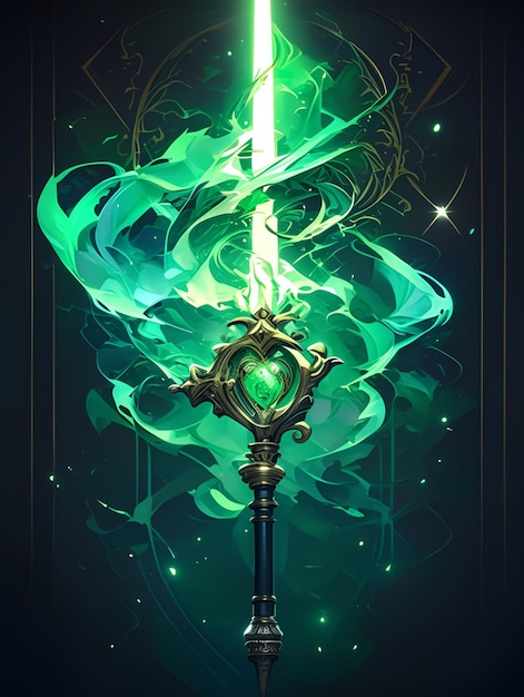 a close up of a sword with a glowing green light on it generative ai