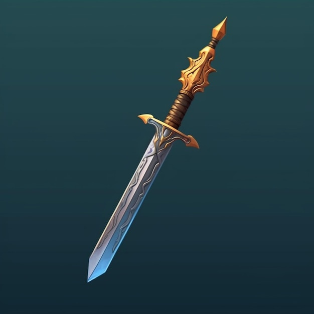 A close up of a sword with a gold handle on a blue background generative ai