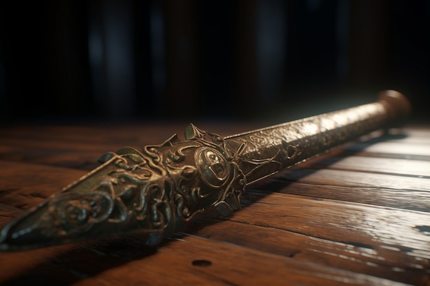 A close up of a sword with a gold leaf design.