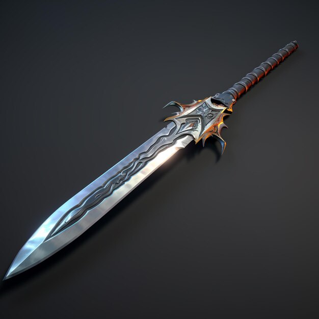 Photo a close up of a sword with a long blade on a black surface generative ai