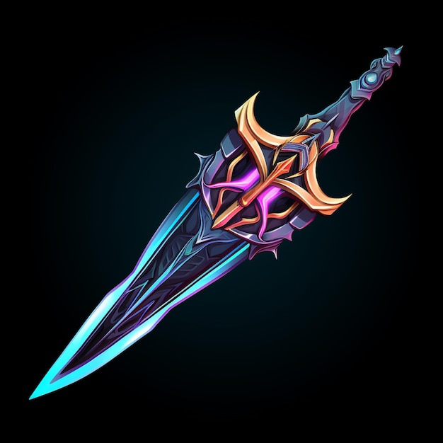a close up of a sword with a purple and blue design generative ai