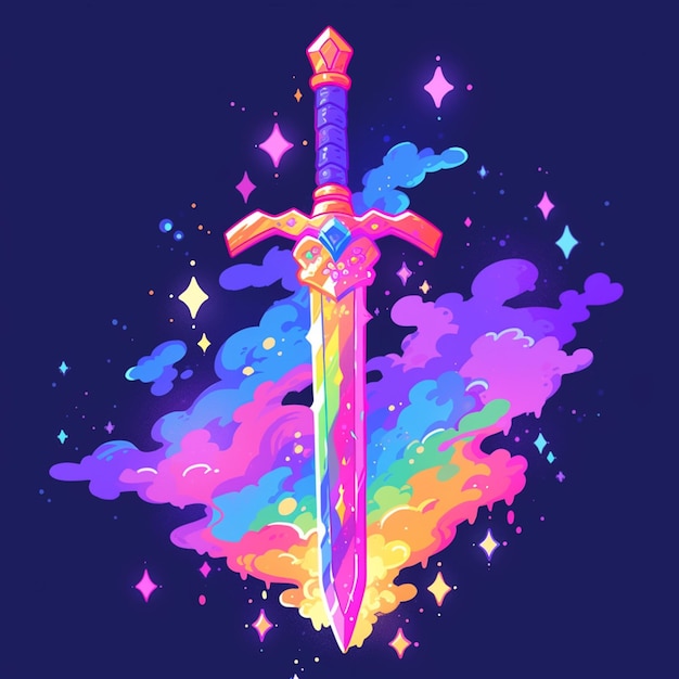 a close up of a sword with a rainbow cloud background generative ai