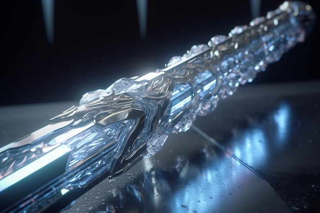 A close up of a sword with the word ice on it