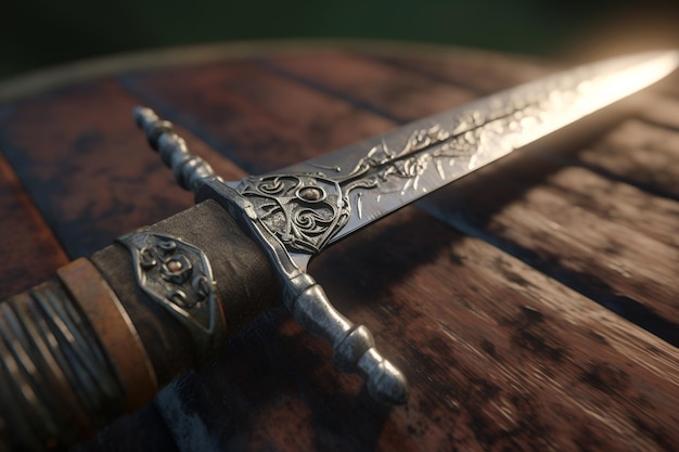A close up of a sword with the word " on it. "