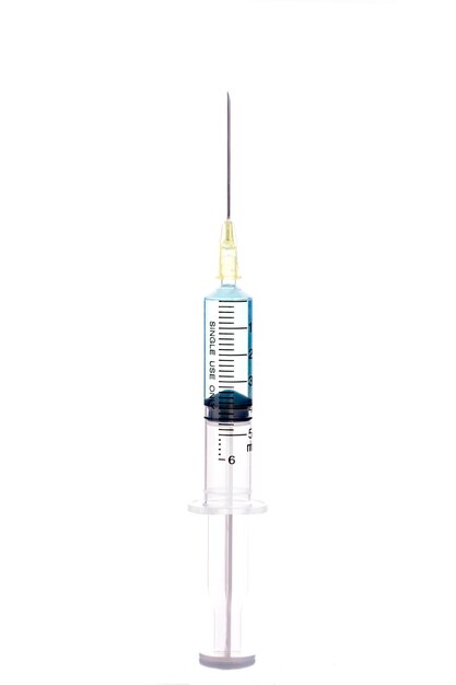 Close-up of syringe against white background