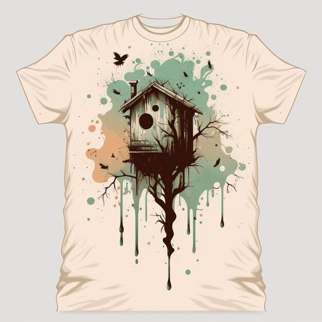 A close up of a t shirt with a birdhouse on it generative ai