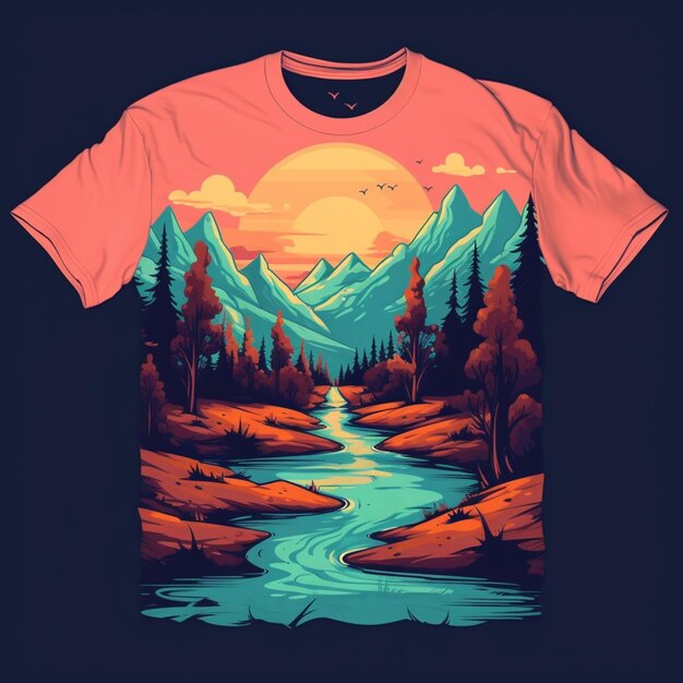 a close up of a t shirt with a mountain scene on it generative ai