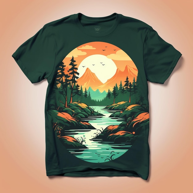 a close up of a t shirt with a mountain scene on it generative ai