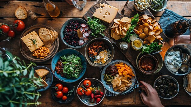 a close up of a table with bowls of food and a person reaching for a piece of bread generative ai