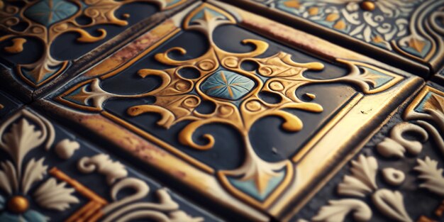 A close up of a table with a gold and blue tile.