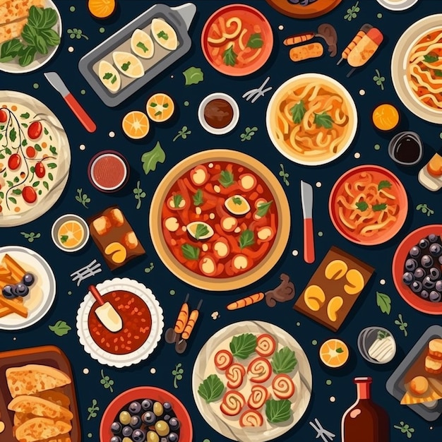 A close up of a table with many different types of food generative ai