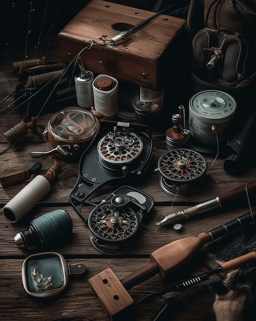 Foto un primo piano di un tavolo con una varietà di attrezzature da pesca ai creative