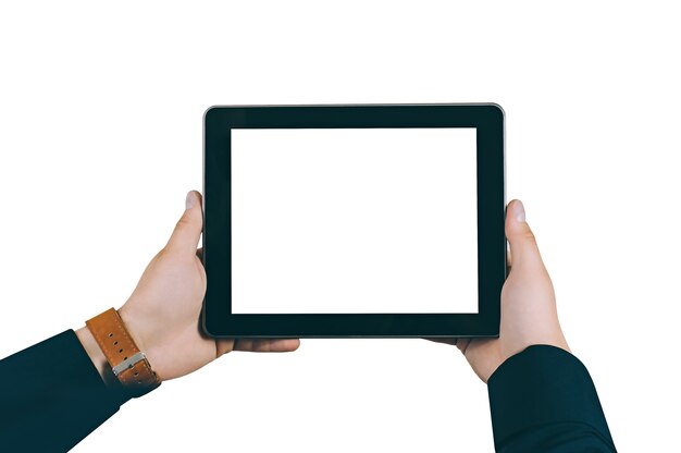 Close up on tablet in the hands of a man