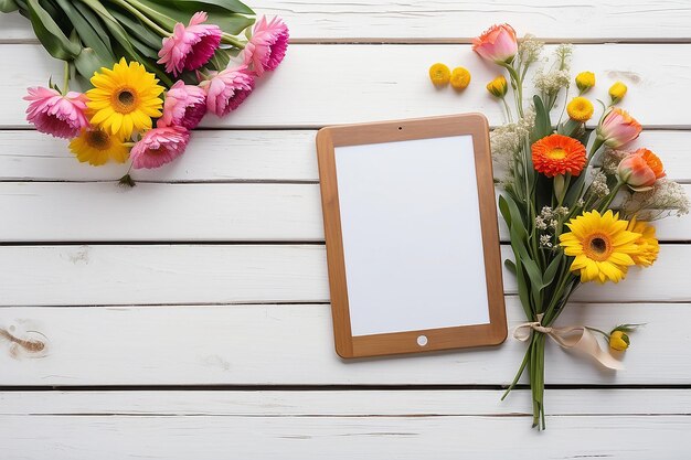 Close-up tablet met een leeg schermmonitor met een boeket bloemen op een witte achtergrond