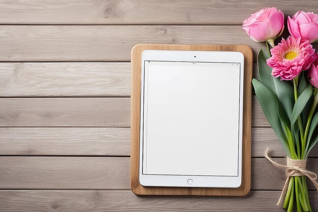 Close-up tablet met een leeg schermmonitor met een boeket bloemen op een witte achtergrond