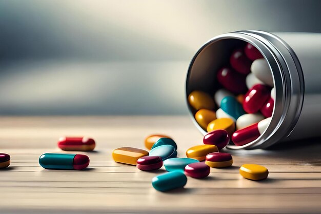 Close up of tablets pills spilling from plastic pill bottle on sky background with selective focus