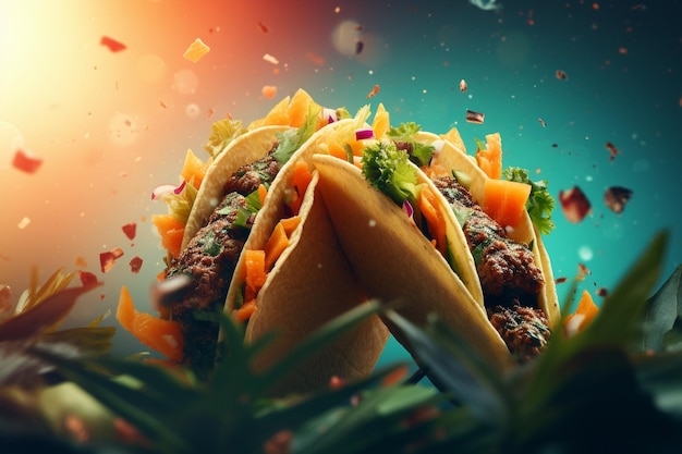Photo close up tacos levitate on a summer theme background