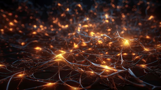 A close up of a tangled wire with lights on it