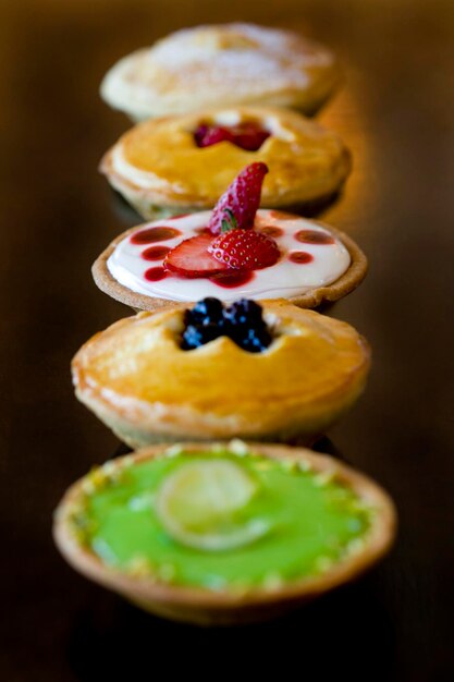 Close-up of tart arranged on table