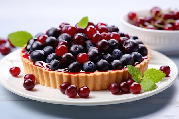 Фото Близкий пирог из масляного выпечки с смесью голубины и вишни на белом фоне тарелки