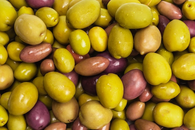 Close up on tasty mixed olives texture