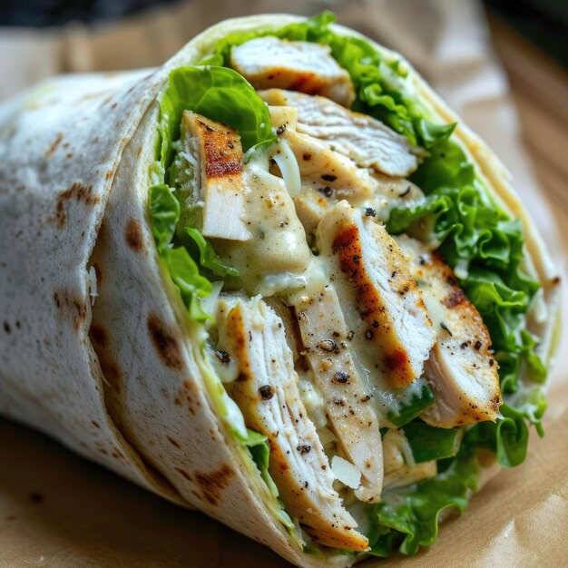 Photo close up of a tasty stuffed wrap