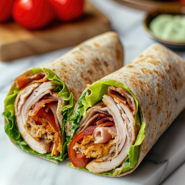 Photo close up of a tasty stuffed wrap