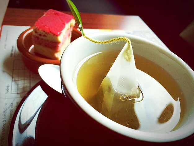 Close-up of tea cup on table