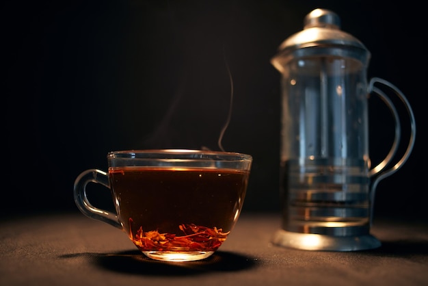 Close-up of tea in glass on table