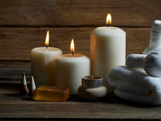 Close-up of tea light candles on table