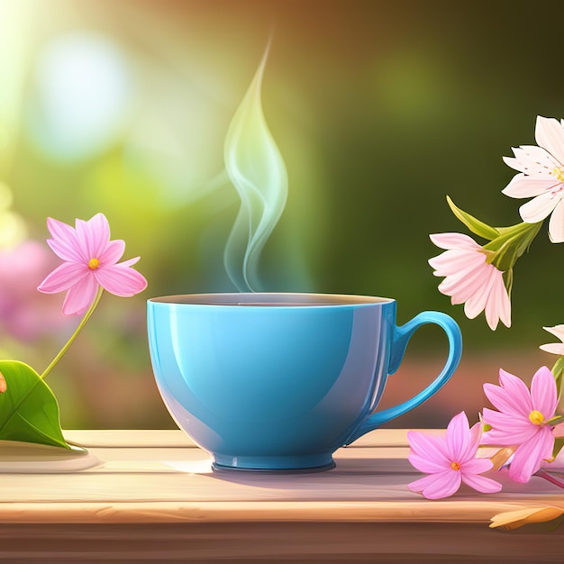 Close up tea in a mug with flowers on a wooden table cafe and restaurant for weekend break and rest