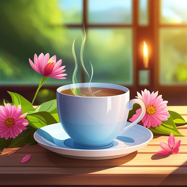 Close up tea in a mug with flowers on a wooden table cafe and restaurant for weekend break and rest