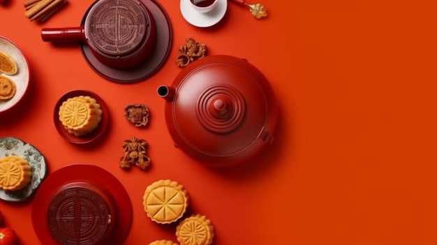 A close up of a tea pot and various cookies on a table generative ai