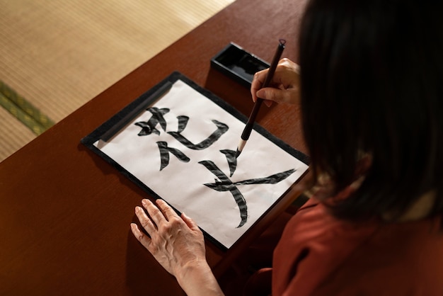 Photo close up on teacher doing japanese calligraphy, called shodo