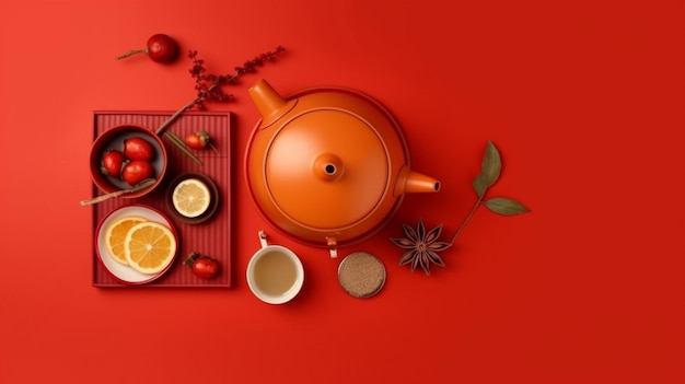 Крупный план чайника с чашкой чая и тарелкой с фруктами