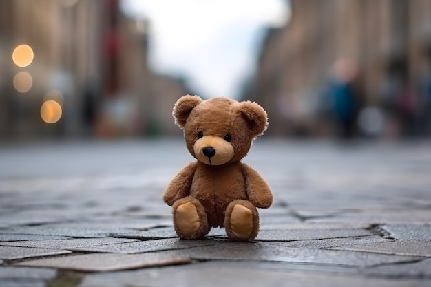 Close up of a teddy bear on asphalt with a blurred background of busy pedestrians on the street