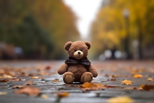 A close up of a teddy bear on asphalt