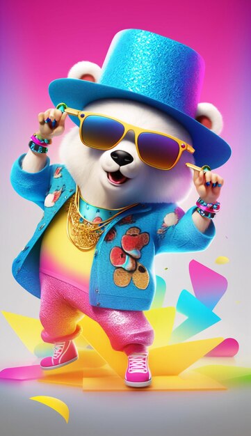 Close up of a teddy bear wearing a hat and sunglasses generative ai