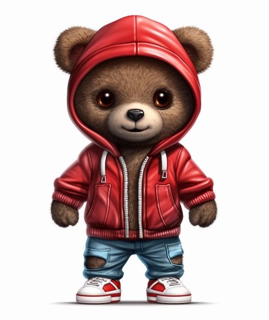 a close up of a teddy bear wearing a red jacket and jeans generative ai