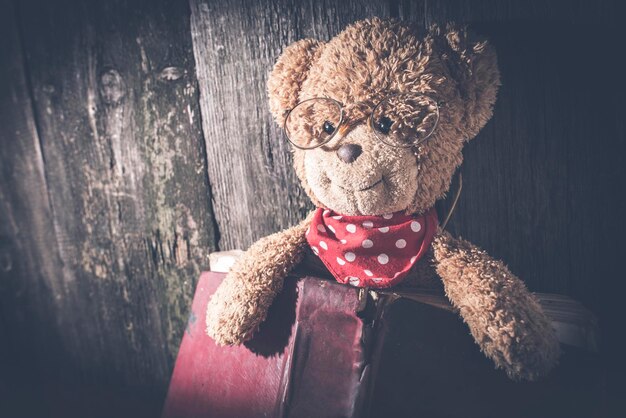 Photo close-up of teddy bear with book on wooden table