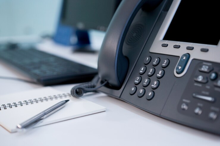 Close up telephone landline at office concept 