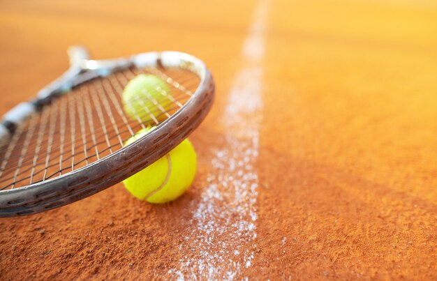 Close up of tenning racket and balls on the tennis clay ground or court sport concept