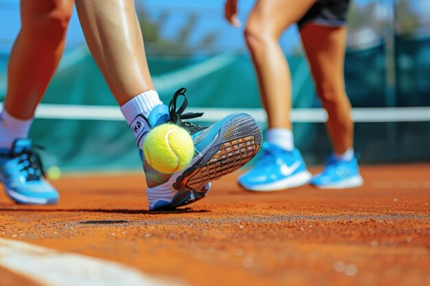 A close up of a tennis ball on a court