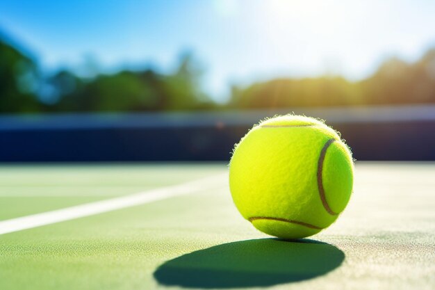 Close-up di palla da tennis sdraiata sul campo da tennis in una giornata di sole copia spazio arco c